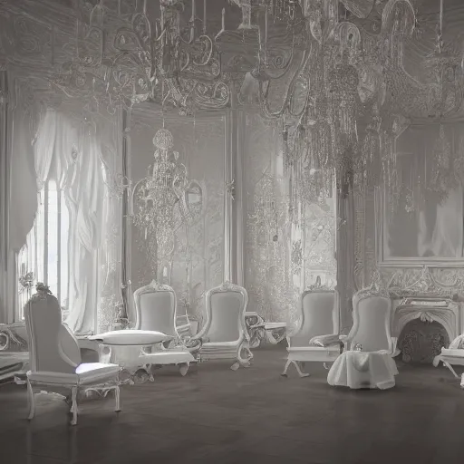Prompt: explosion of a Gothic baroque white porcelain room furnished with baroque furniture made of white porcelain and white veils, everything is shattered. trending on artstation, sensual gloomy, volumetric clouds, unreal render, depth of field