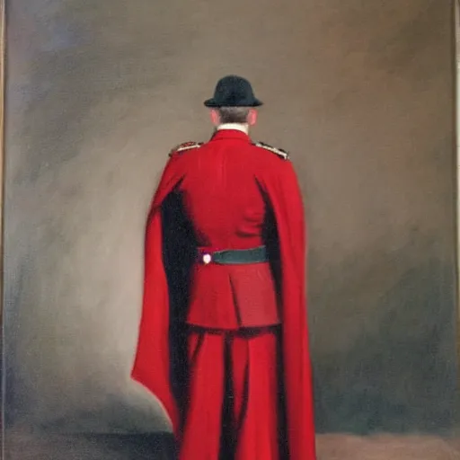 Prompt: ww 1 general wearing a long red heroic cape on his back, oil on canvas