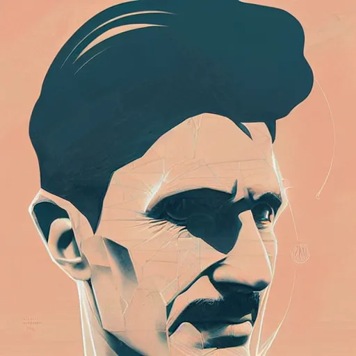 Prompt: majestic genius inventor nikola tesla profile picture by sachin teng, masterpiece, organic painting, matte painting, technical geometrical drawing shapes, lightning electricity coil, hard edges, graffiti, street art by sachin teng