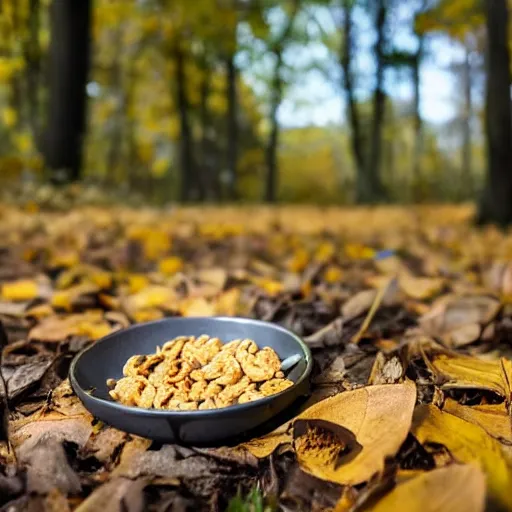 Prompt: a distant photo of a bowl of cereal on a forest floor in autumn while a shadowy man hides behind a tree