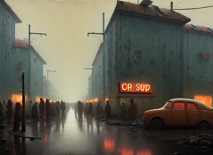 Prompt: waiting in line for cold soup by simon stalenhag and gil elvgren and marc simonetti and quint buchholz, slums, highly detailed, hyperrealism, dreary, cold, cloudy, grey, smog, high contrast, solarpunk, high saturation