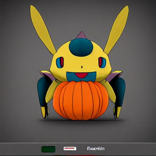 Image similar to A pokemon that looks like The flying beetle,The Crust is pumpkin,Trending on art station. Unreal engine.