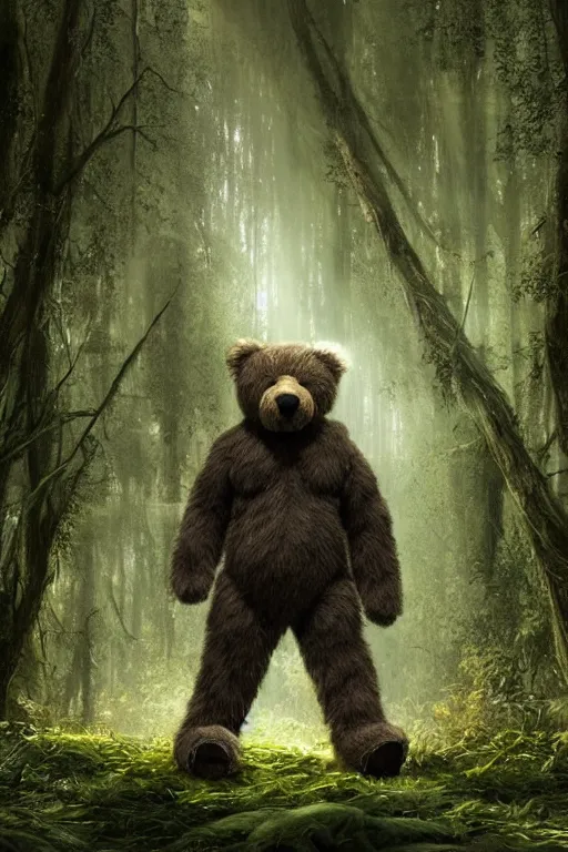 Image similar to mean fluffy teddybear wearing a Crysis Nanosuit in a forest with rays of light coming through the canopy, masterpiece, dystopian, sci-fi, extremely detailed, digital painting, sculpted in zbrush, artstation, concept art, smooth, sharp focus, illustration, chiaroscuro lighting, golden ratio, incredible art, artgerm, greg rutkowski, alphonse mucha, simon stalenhag, carravaggio