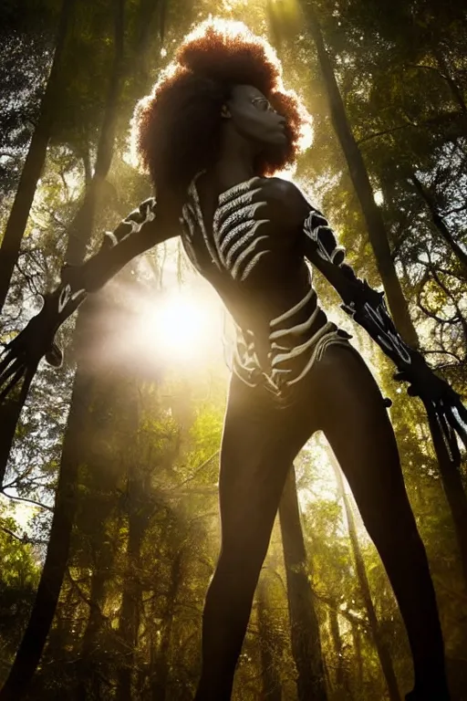 Image similar to hyperrealistic long shot gorgeous black woman intricate exoskeleton bone armor in a forest sun behind her god rays highly detailed concept art eric zener elson peter cinematic low angle hd 8k sharp rack focus