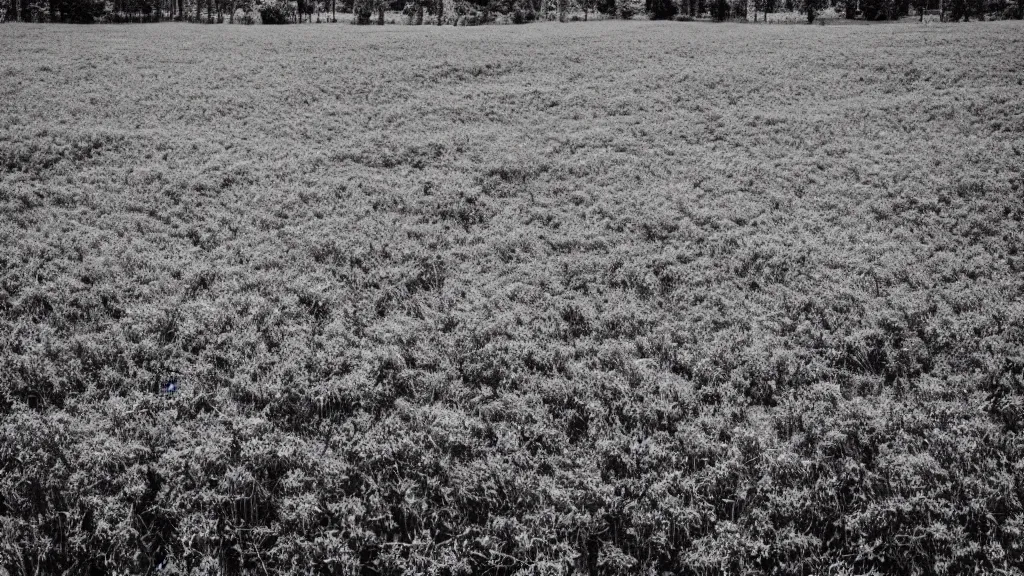 Prompt: a field in a middle of a forest. monochromatic purple filter.