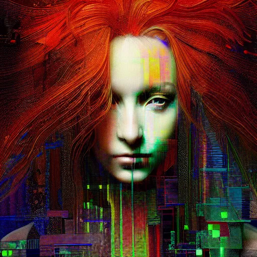 Prompt: hyperrealistic portrait of a mysterious cyberpunk woman with flowing hair, by Rembrandt, Johannes Itten, Russ Mills, beautiful, elusive, glitch art, hacking effects, glitch effects, digital tech effects, cybernetics, detailed lines, intricate detail, holographic, chromatic, clear, color blocking, acrylic on canvas, octane, concept art, abstract, red face, front view, 8k, trending on cgsociety, trending on artstation