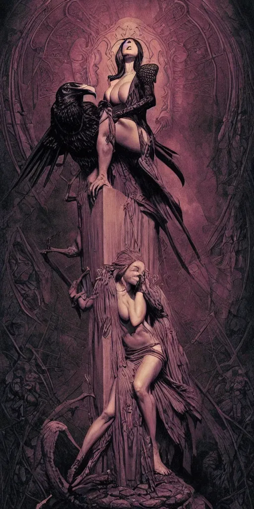 Image similar to raven perched on a bust of beautiful woman in a dark gothic room gothic, full frame, by wayne barlowe, peter mohrbacher, kelly mckernan, james o barr