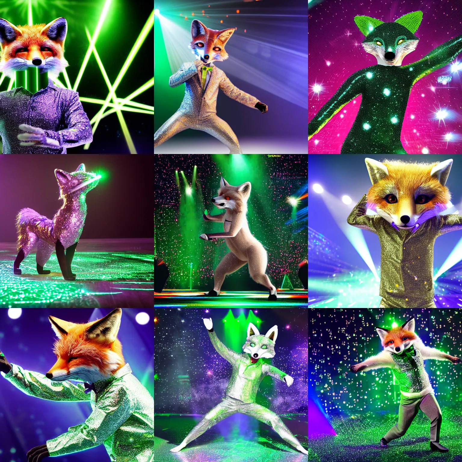 Prompt: an anthropomorphic fox dressed in a silver glittering shirt dancing in front of vivid green lasers, furry realistic