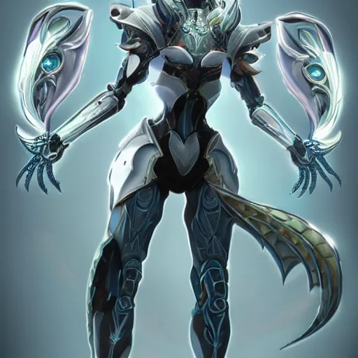 Image similar to highly detailed realistic exquisite fanart, of a beautiful female warframe, but as an anthropomorphic elegant robot female dragoness, glowing eyes, shiny and smooth off-white plated armor, bright Fuchsia skin beneath the armor, sharp claws, robot dragon four fingered hands, and robot dragon three clawed feet, royal elegant pose, full body and head shot, epic cinematic shot, professional digital art, high end digital art, DeviantArt, artstation, Furaffinity, 8k HD render, epic lighting, depth of field