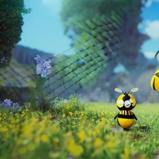 Prompt: cute bee at bee university, photorealistic, octane render, rtx, hdr, unreal engine, digital art widescreen 8 k, studio ghibli, disney, wlop