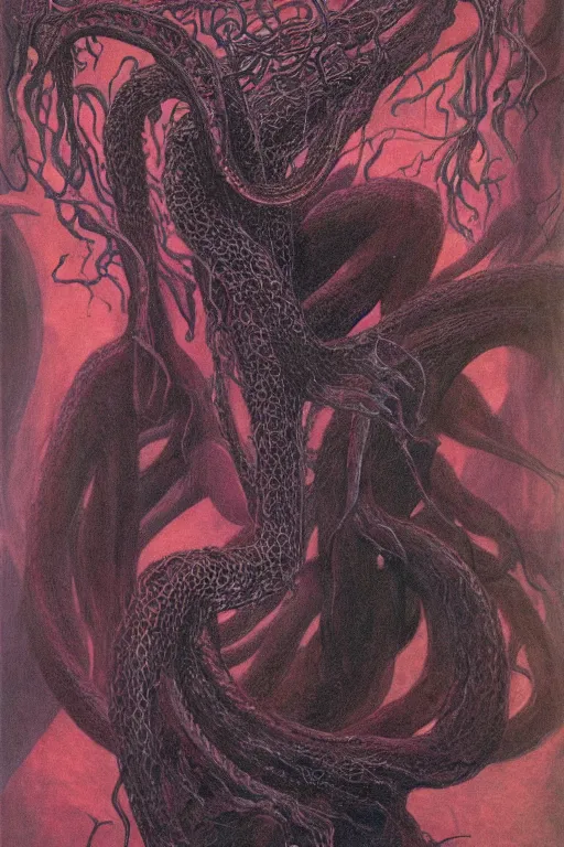 Image similar to portrait of an infernal eldritch demon with snakelike limbs by wayne barlowe and dante gabriel rosetti