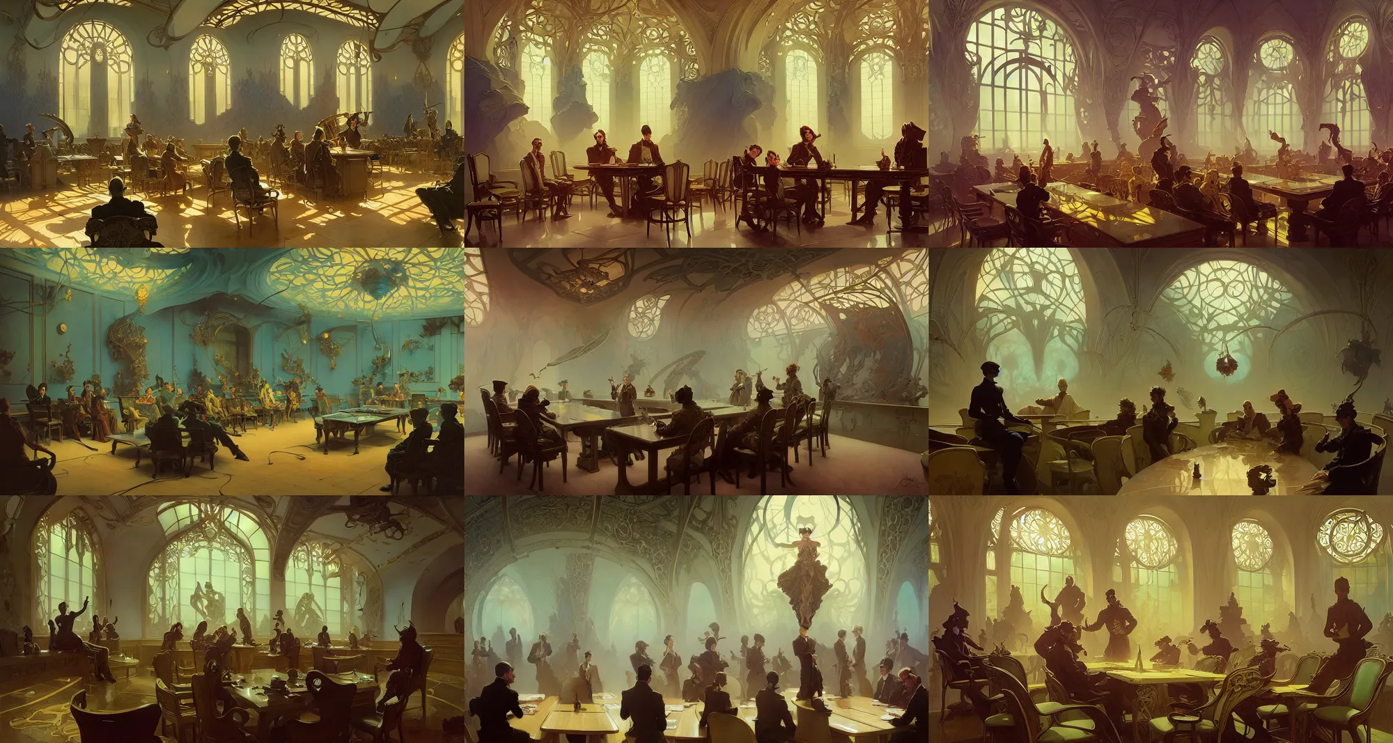 Prompt: meeting room, art nouveau architecture, fantasy, art by joseph leyendecker, peter mohrbacher, ivan aivazovsky, ruan jia, reza afshar, marc simonetti, alphonse mucha