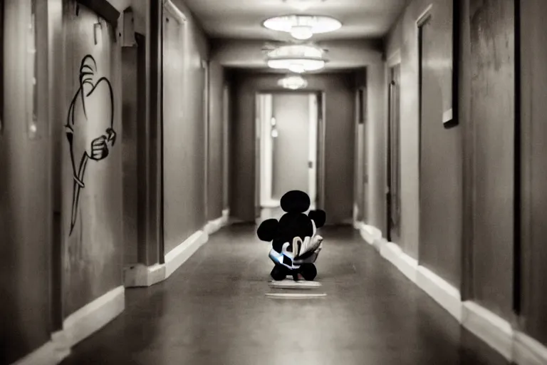 Prompt: a photo of a very long backrooms hallway with a creepy looking mickey mouse at the end of the hallway, staring with an evil grin, dark, horror, detailed