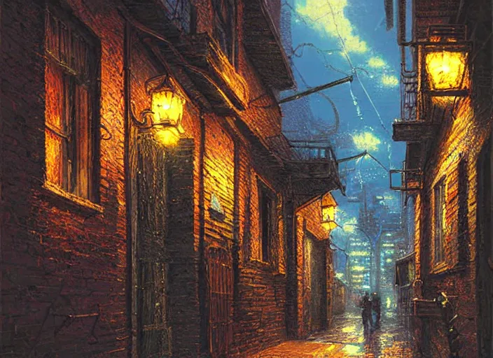 Prompt: an alleyway, detailed illustration by thomas kinkade, cyberpunk, nighttime, streetlight