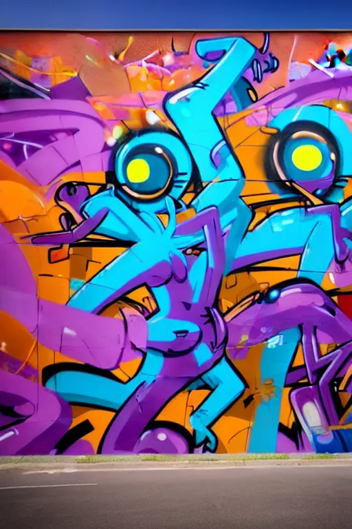 Image similar to epic graffiti mural, colorful and dynamic in the style of Hownosm and James Jean, ultimate collab, epic, unreal engine 5, coming to life popping out of the wall 3d,