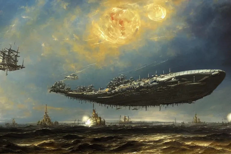 Prompt: a royal airship flying high in the sky, dramatic paint job. battleship, huge scale, sciene fiction ships, above massive solar fields