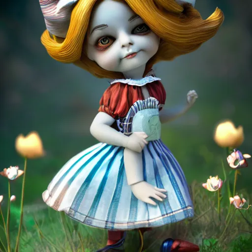 Image similar to alice, doll figurine, alice in wonderland theme, octane render 8 k, disney inspired landscape, artstation, cinematic lighting, hd, ultra realistic