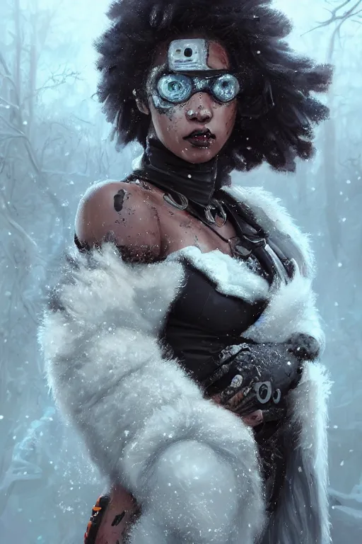 Prompt: ultra realistic illustration, snowy, cold, black mixed woman with bloodied face, hacknaut cyberpunk, sci - fi, fantasy, intricate, elegant, highly detailed, digital painting, artstation, concept art, smooth, sharp focus, illustration, art by artgerm and greg rutkowski and alphonse mucha