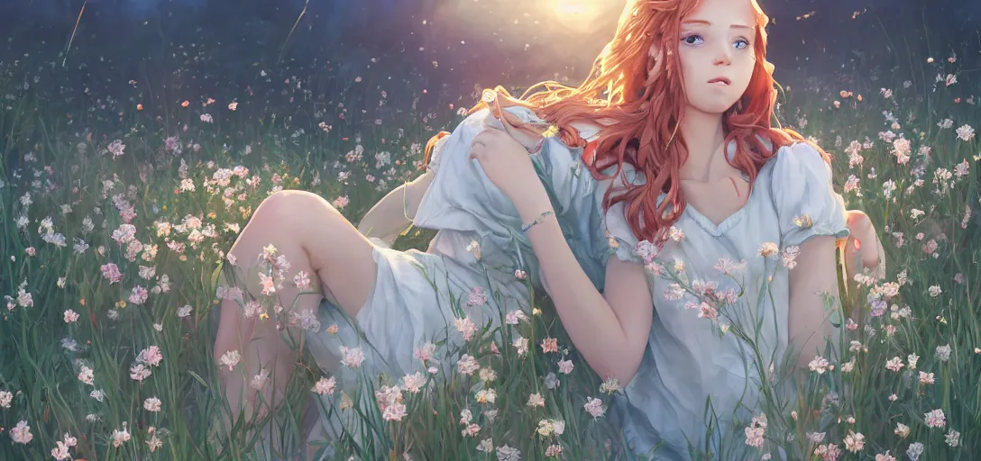 Image similar to a beautiful southern woman named Savannah, innocent, sad turquoise eyes, freckles, long ginger hair tied with white ribbon, relaxed in a field of flowers on a farm, gentle lighting, storm in the distance, somber, western clothing, dress, digital art by Makoto Shinkai ilya kuvshinov and Wojtek Fus, digital art, concept art,