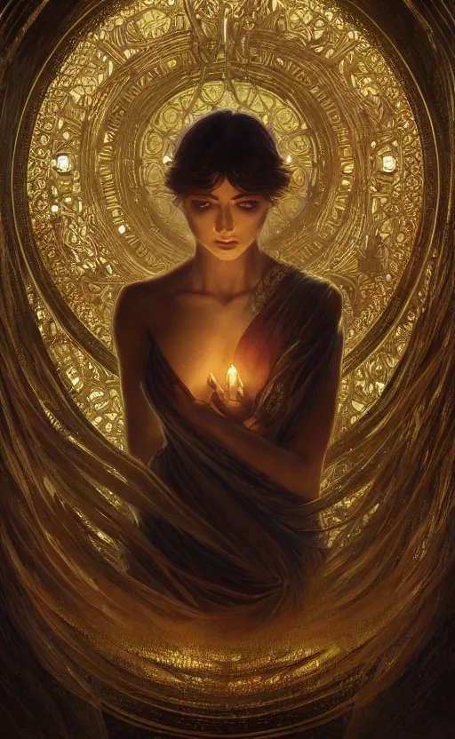 Image similar to loneliness, masterpiece close to a candle in dark room, cinematic, powerful, moon beams dramatic light, highly, intricate gold elements, hollow souls, detailed, digital painting, artstation, concept art, sharp focus, illustration, art by artgerm and greg rutkowski and alphonse mucha