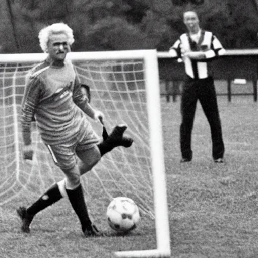 Image similar to geert wilders as soccer player in action, scoring goal