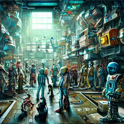 Image similar to highly detailed crowded future apartment complex, punk, grunge, jim henson creature shop, robots humans and extraterrestrials, inside a crowded space station, 1 9 8 0 s science fiction, 1 9 7 0 s science fiction, alien 1 9 7 9, cyberpunk, 3 d oil painting, depth perception, 4 k, artstation