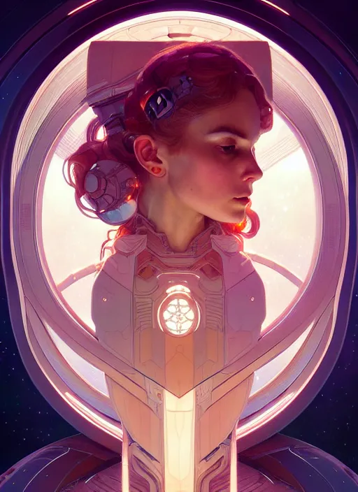 Image similar to symmetry, girl in a spaceship intricate, elegant, highly detailed, digital painting, artstation, concept art, smooth, sharp focus, illustration, art by artgerm and greg rutkowski and alphonse mucha