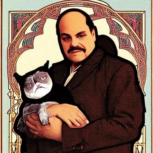 Image similar to “ george costanza from seinfeld holding grumpy cat, art nouveau, by alphonse mucha ”