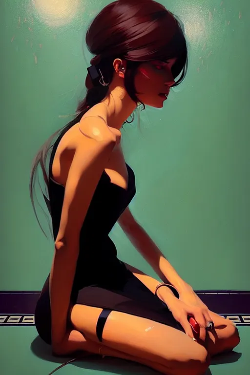 Image similar to a ultradetailed beautiful painting of a stylish woman sitting on the floor of a tiled room, by greg rutkowski, conrad roset, and ilya kuvshinov trending on artstation