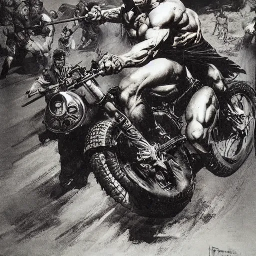 Image similar to into glory ride, artwork by Frank Frazetta, motorcycle, muscular man riding into battle holding sword