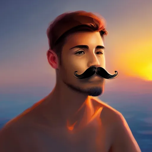 Image similar to young man with a mustache, beautiful sunset, high definition, concept art, digital painting, art by Tran and Ross