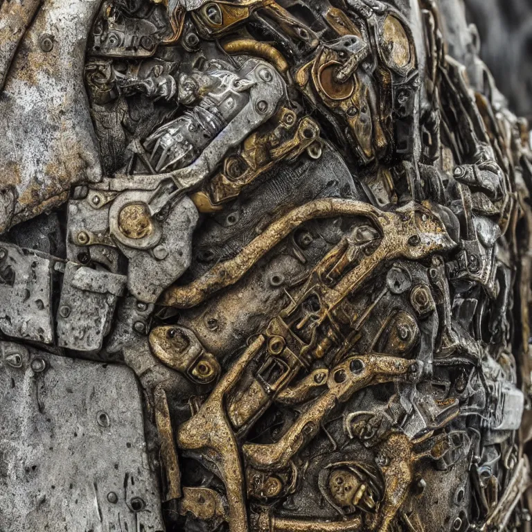 Image similar to photo taken of an epic intricate, ultra detailed, super realistic gritty, hero prop, exquisitely weathered armoured hazardsuit movie props, created by weta workshop, zoomed in shots, photorealistic, sharp focus, white wall, cold colour temperture, golden ratio