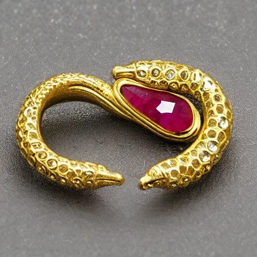 Prompt: ruby ornate gold jewelry ouroboros macro