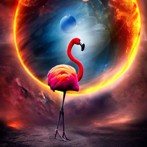 Image similar to a strong goddess flamingo fashion, sci - fi aesthetics, on fire, photoshop, colossal, creative and cool, giant, digital art, photo manipulation, planets, with earth, outer space, smoke