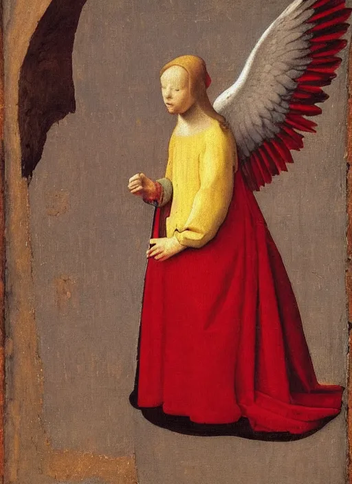 Prompt: Profile of Fallen Angel dressed in red, Medieval painting by Jan van Eyck, Johannes Vermeer, Florence