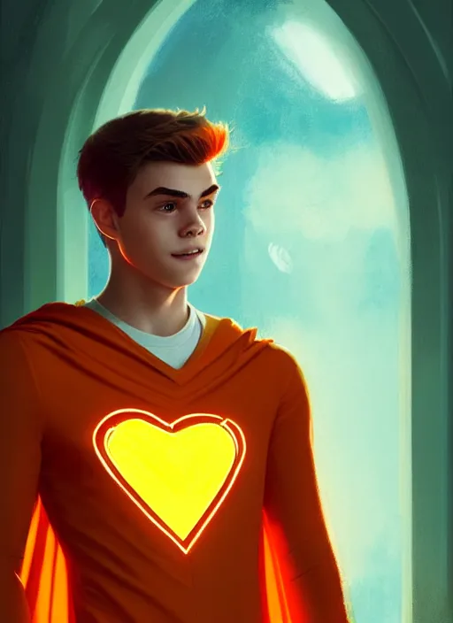 Image similar to kind teenage archie andrews wearing an orange superhero costume, superhero costume with heart emblem, cape, intricate, elegant, glowing lights, highly detailed, digital painting, artstation, sharp focus, illustration, art by wlop, mars ravelo and greg rutkowski