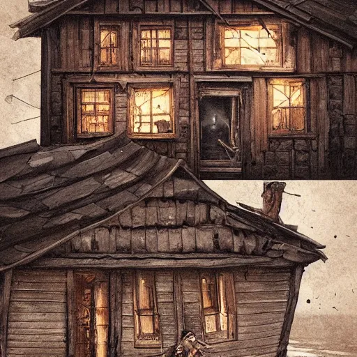 Prompt: two husbands leave each other inside broken wooden house, detailed intricate ink illustration, dark atmosphere, detailed illustration, hd, 4k, digital art, overdetailed art, concept art, by greg rutkowski, by loish, complementing colors, Trending on artstation, deviantart