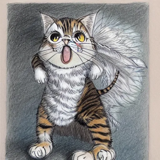 Image similar to person wearing a cat costume, anthropomorphic humanoid cat, extra fluffy Persian tabby cat standing on two feet, drawing by Don Bluth, colored pencil sketch with feathery lines, drawing by Yoshitaka Amano