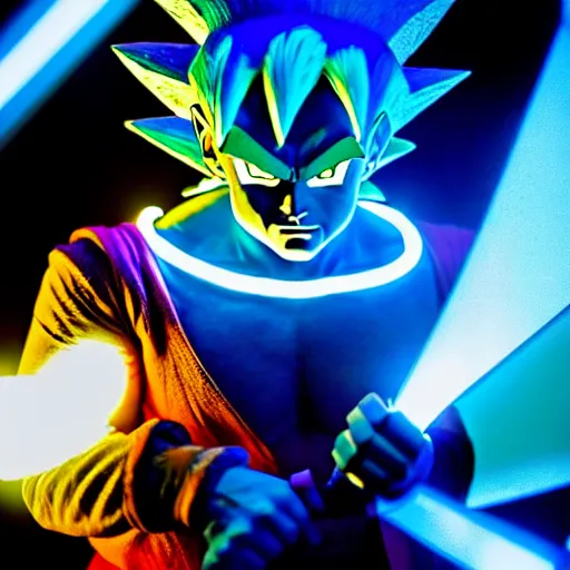 Prompt: uhd candid photo of alex jones as a dbz character, glowing blue, global illumination, radiant light, detailed, intricate costume. photo by annie leibowitz