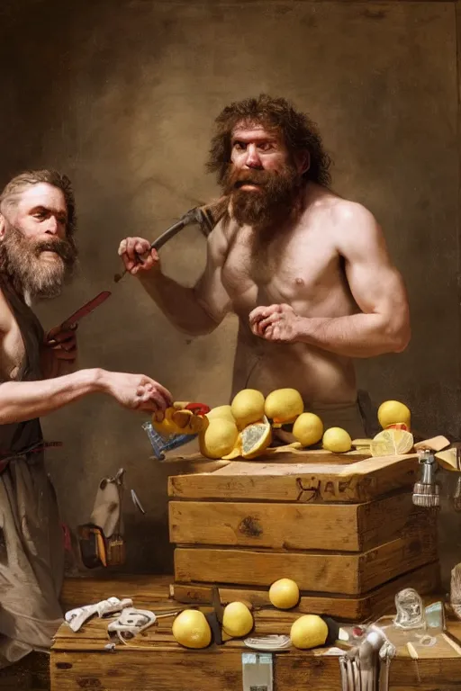 Prompt: a hyperrealistic portrait of two cavemen performing open heart surgery on a crate of lemons with tools made of bubblegum , 8k