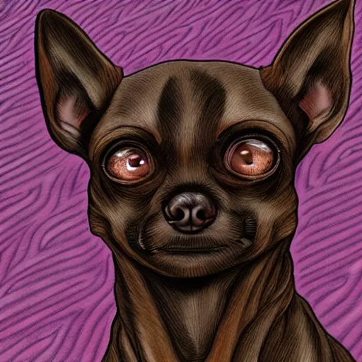 Image similar to a dark brown chihuahua, hyper detailed, in the style of junji ito!!!!!!, selfie shot straight on angle