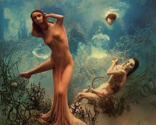 Image similar to falling in to eternity, underwater scene, painted by zdzislaw beksinski and artgerm and greg rutkowski and alphonse mucha and rene laloux