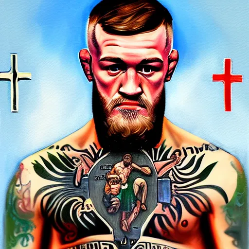 Prompt: religious portrait, conor mcgregor on the cross, oil on canvas, digital art