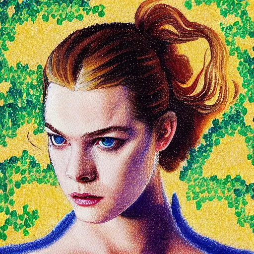 Image similar to professional painting of Elle Fanning in Metal Gear Solid in the style of Henri-Edmond Cross, head and shoulders portrait, symmetrical facial features, smooth, sharp focus, illustration, intricate, stormy weather, extremely detailed masterpiece,