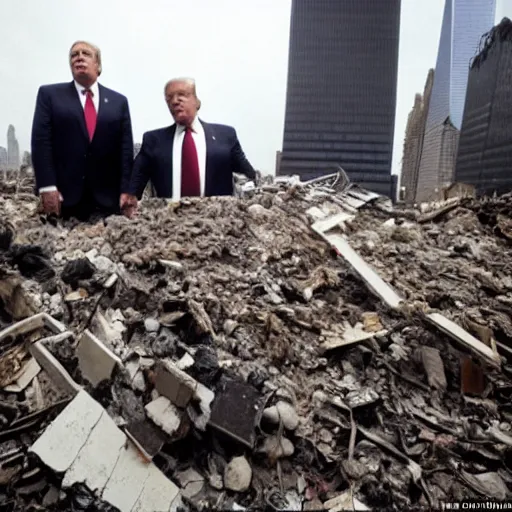 Image similar to a wide shot of Rudy Giuliani and Donald Trump holding hands on top of the world trade center rubble pile in new york