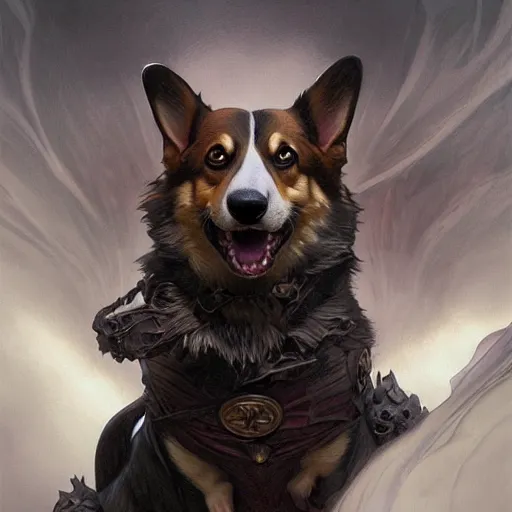 Image similar to A corgi like a hellhound, D&D, dark fantasy, intricate, elegant, highly detailed, digital painting, artstation, concept art, smooth, sharp focus, illustration, art by artgerm and greg rutkowski and alphonse mucha