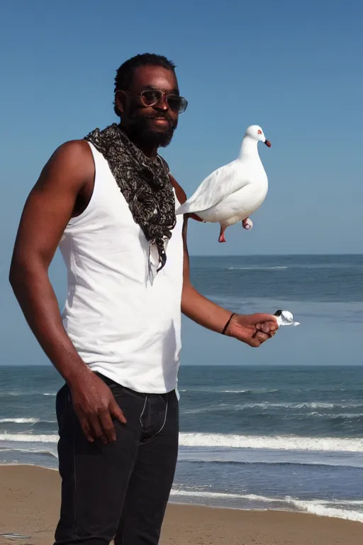 Prompt: a full - height photo of a black masculine man standing near an ocean, holding a white pigeon