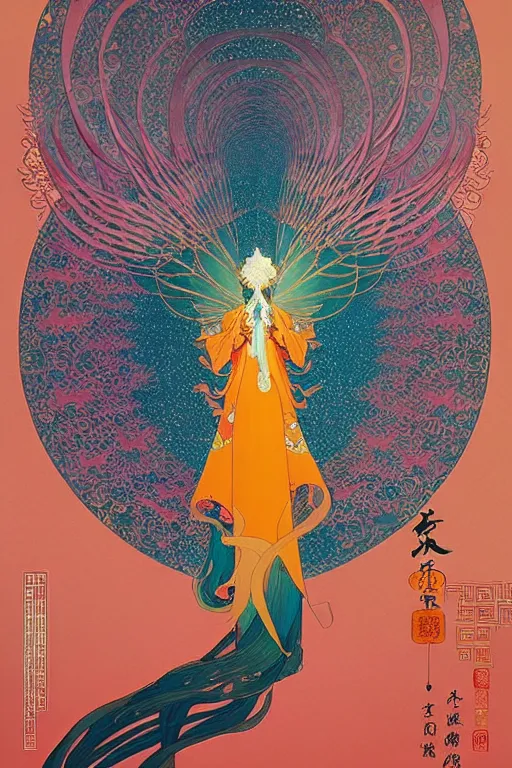 Prompt: victo ngai and lfons mucha painting of a phoenix in the sky, chinese style