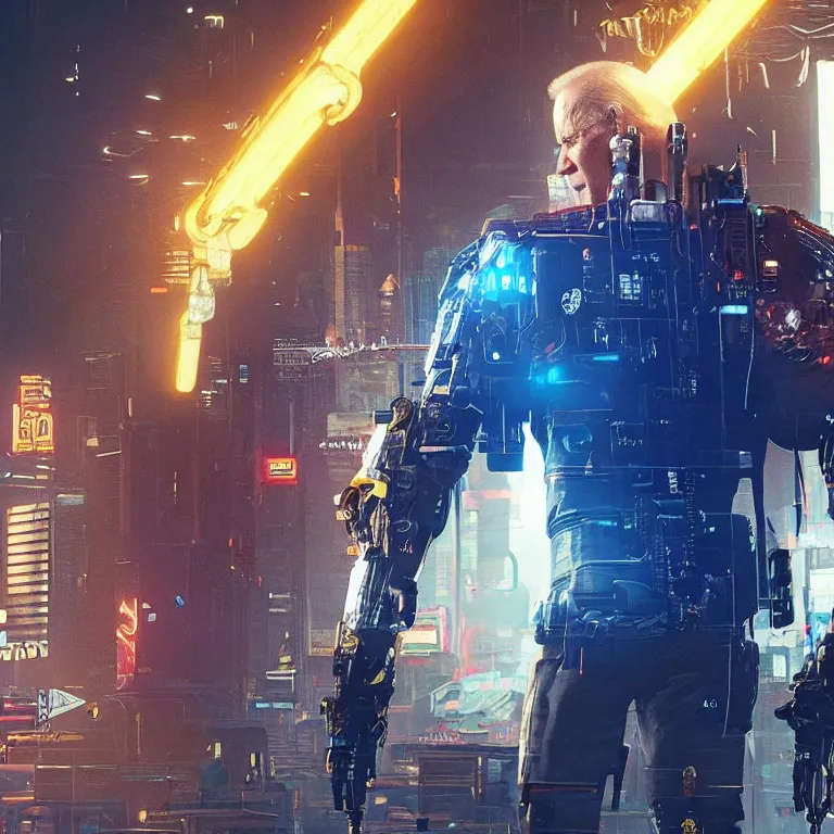 Image similar to joe biden as a cyborg in cyberpunk 2 0 7 7, technological, movie footage, high - tech, still frame