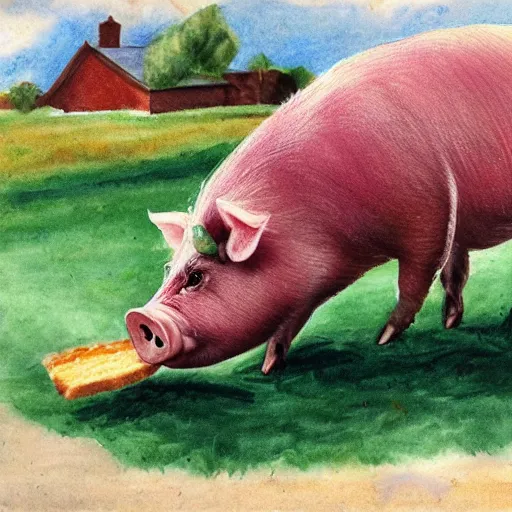 Prompt: a pig eating a rasher of bacon. detailed, realistic,